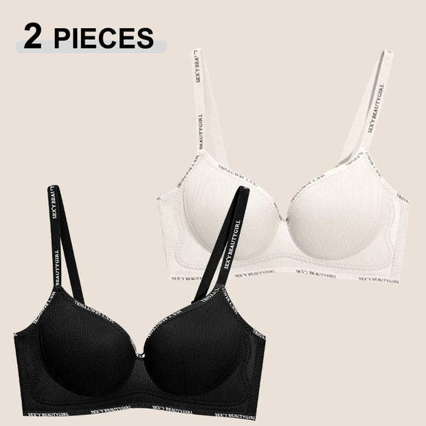 Trendy 2Pcs/Set Women's Seamless Solid Color Bras Sexy Letter Straps Wireless Push Up Underwear New Ladies Deep V Neck Brassiere