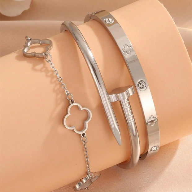 2PCS French Lucky Clover Bracelet Set For Women High Quality Stainless Steel INS Hot Selling Bracelet Charm Feeling Jewelry Gift