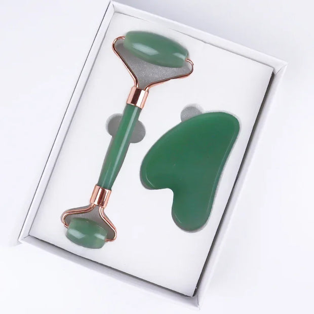 Natural Rose Quartz Jade Roller+Scraping Board Set Facial Massager Jade Stone Roller Gua Sha Face Lifting Massage Tool Skin Care