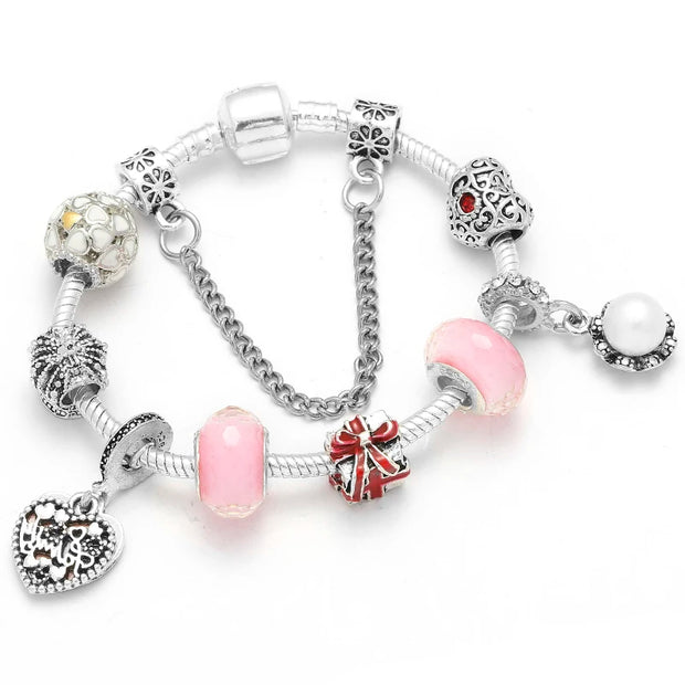 Silver Plated Charm Bracelet & Bangle With Key Lock Crystal Pendant Ball Bracelet For Women Wedding Valentine's Day Jewelry Gift