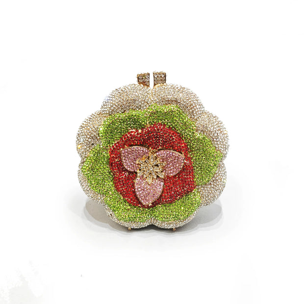 Rose Flower Pink/Green Rhinestones Evening Clutches Women Floral Yellow Crystal Evening Bags Bridal Wedding Party Clutch Purse