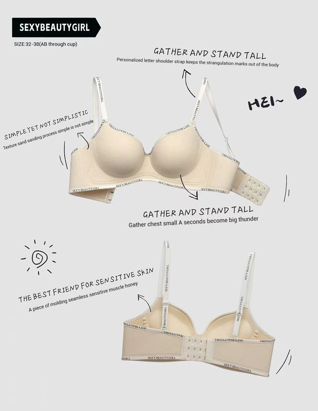 Trendy 2Pcs/Set Women's Seamless Solid Color Bras Sexy Letter Straps Wireless Push Up Underwear New Ladies Deep V Neck Brassiere