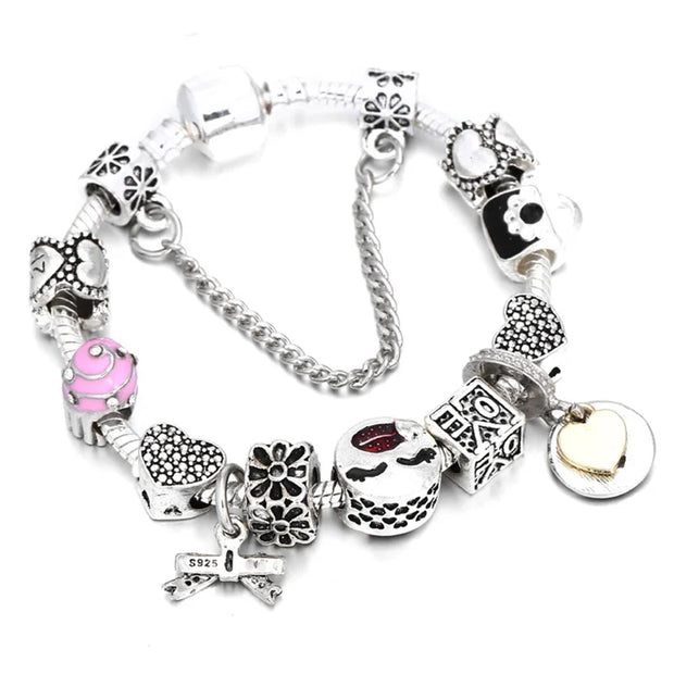 Silver Plated Charm Bracelet & Bangle With Key Lock Crystal Pendant Ball Bracelet For Women Wedding Valentine's Day Jewelry Gift