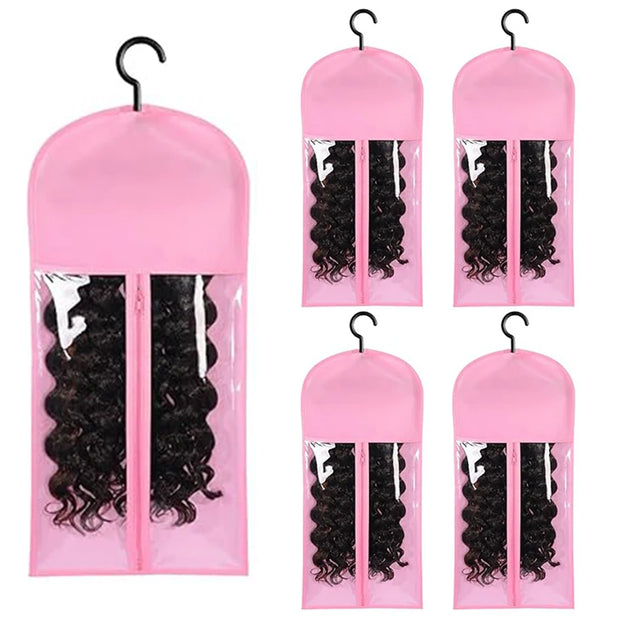 5 Groups Wig Storage Bags with Transparent Dust-Proof Covers and Durable Hangers(5Dust Covers + 5 Hangers)