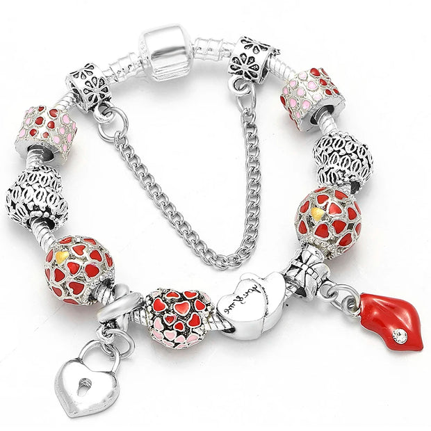 Silver Plated Charm Bracelet & Bangle With Key Lock Crystal Pendant Ball Bracelet For Women Wedding Valentine's Day Jewelry Gift