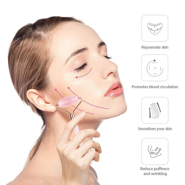 Natural Rose Quartz Jade Roller+Scraping Board Set Facial Massager Jade Stone Roller Gua Sha Face Lifting Massage Tool Skin Care