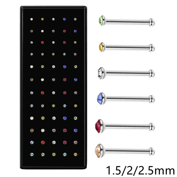 60Pcs Fashion L Shape Rhinestone Crystal Stainless Steel Nose Piercing Ear Bone Women Hypoallergenic Body Jewelry Piercing