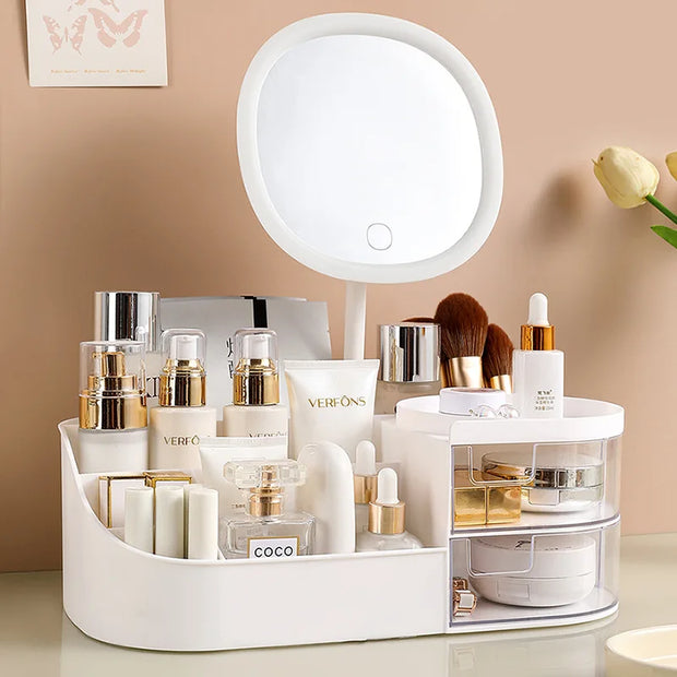 Makeup Storage Box With Mirror Desktop Dressing Table Makeup Mirror Cosmetics Jewelry Storage Box Touch Light Storage Organizer