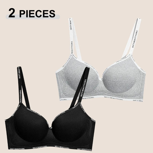 Trendy 2Pcs/Set Women's Seamless Solid Color Bras Sexy Letter Straps Wireless Push Up Underwear New Ladies Deep V Neck Brassiere