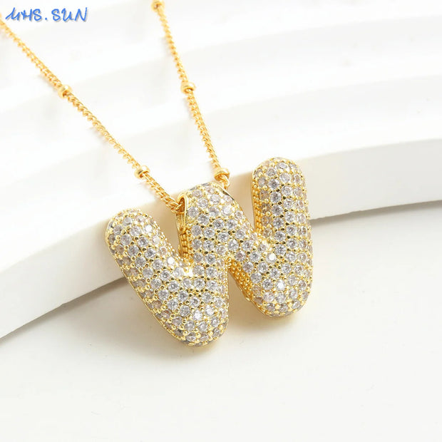MHS.SUN Gold Plated Balloon 26 Letter Necklaces Copper Zircon Bubble Initial Pendant Chunky Women Personality Chain Jewelry
