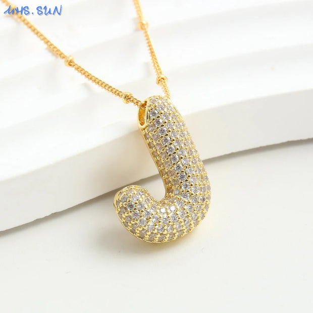 MHS.SUN Gold Plated Balloon 26 Letter Necklaces Copper Zircon Bubble Initial Pendant Chunky Women Personality Chain Jewelry
