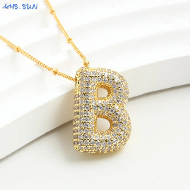MHS.SUN Gold Plated Balloon 26 Letter Necklaces Copper Zircon Bubble Initial Pendant Chunky Women Personality Chain Jewelry