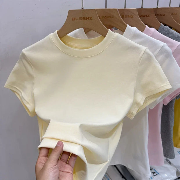 Zjaiss 2025 O-Neck Fashion T-Shirt Summer Sexy Basic Top Solid Short Sleeve Womens Tshirt Casual Korean Tee Streetwear