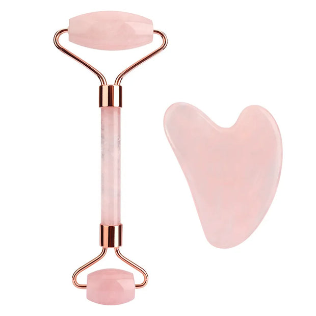 Natural Rose Quartz Jade Roller+Scraping Board Set Facial Massager Jade Stone Roller Gua Sha Face Lifting Massage Tool Skin Care