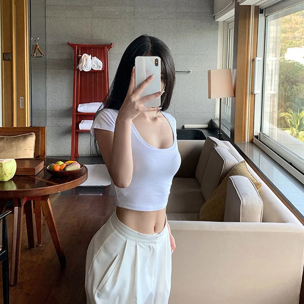 2024 Summer Slim T-Shirt Women Sexy Short Sleeve T Shirt U-Neck Gray Tee Female Solid Basic Black/White Korean Crop Tops Hot Y2k