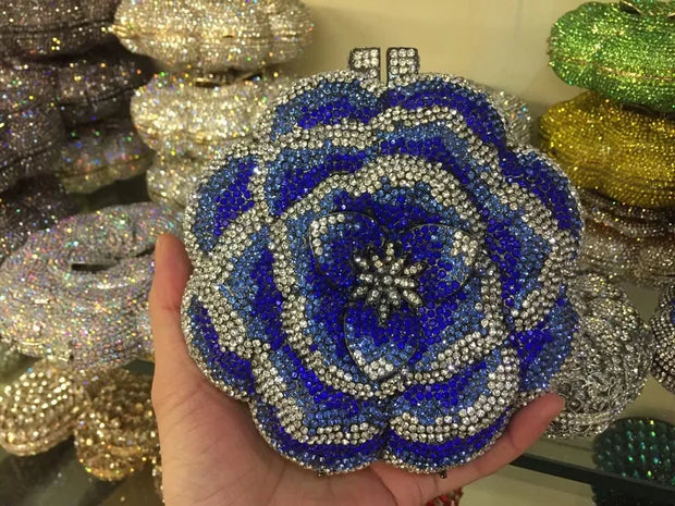 Rose Flower Pink/Green Rhinestones Evening Clutches Women Floral Yellow Crystal Evening Bags Bridal Wedding Party Clutch Purse