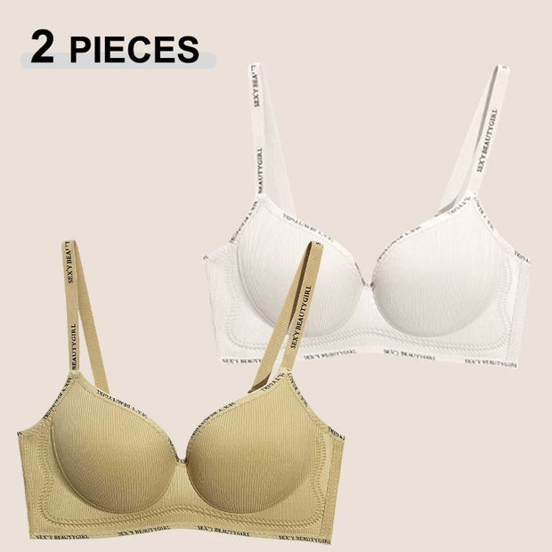 Trendy 2Pcs/Set Women's Seamless Solid Color Bras Sexy Letter Straps Wireless Push Up Underwear New Ladies Deep V Neck Brassiere