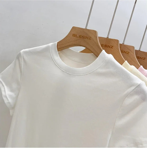 Zjaiss 2025 O-Neck Fashion T-Shirt Summer Sexy Basic Top Solid Short Sleeve Womens Tshirt Casual Korean Tee Streetwear