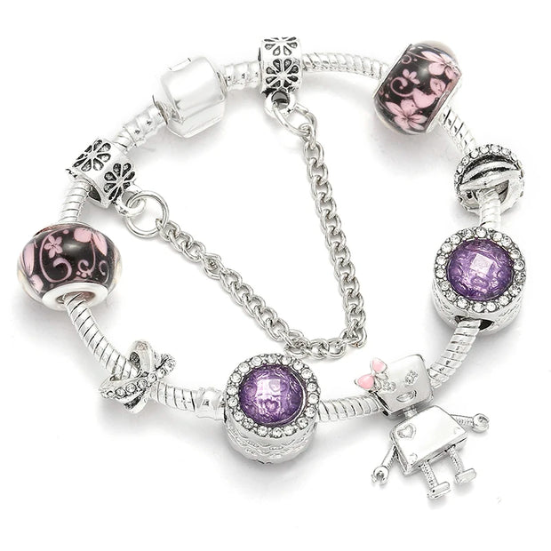 Silver Plated Charm Bracelet & Bangle With Key Lock Crystal Pendant Ball Bracelet For Women Wedding Valentine's Day Jewelry Gift