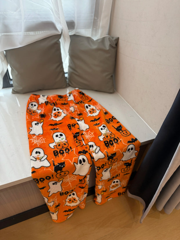 Halloween Hello Kitty Loungewear Pants Cartoon Flannel Pajama Autumn Winter Casual Loose Trousers Ghost Pumpkin Halloween Gift
