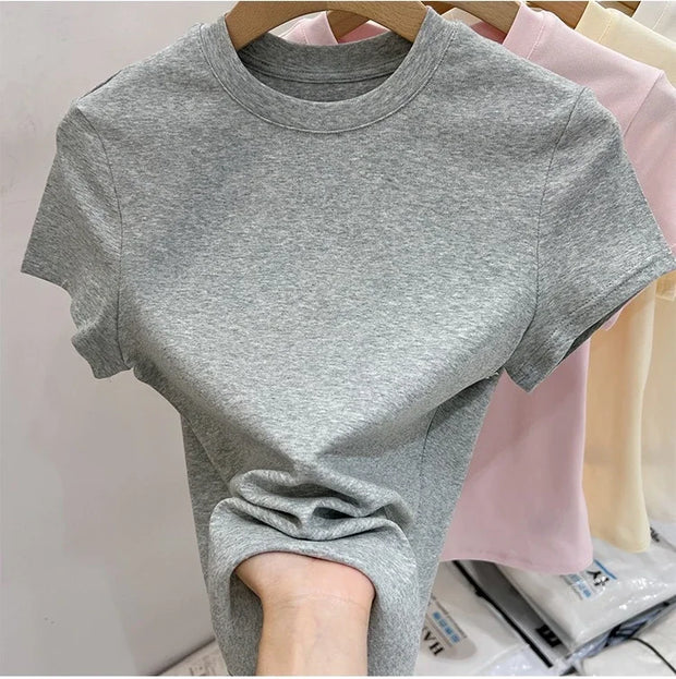 Zjaiss 2025 O-Neck Fashion T-Shirt Summer Sexy Basic Top Solid Short Sleeve Womens Tshirt Casual Korean Tee Streetwear