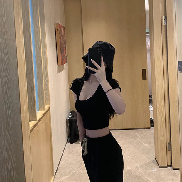 2024 Summer Slim T-Shirt Women Sexy Short Sleeve T Shirt U-Neck Gray Tee Female Solid Basic Black/White Korean Crop Tops Hot Y2k