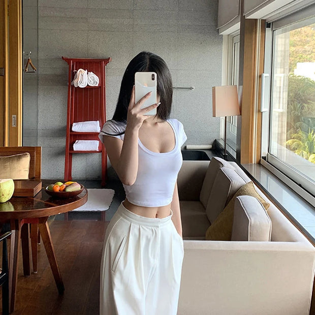 2024 Summer Slim T-Shirt Women Sexy Short Sleeve T Shirt U-Neck Gray Tee Female Solid Basic Black/White Korean Crop Tops Hot Y2k
