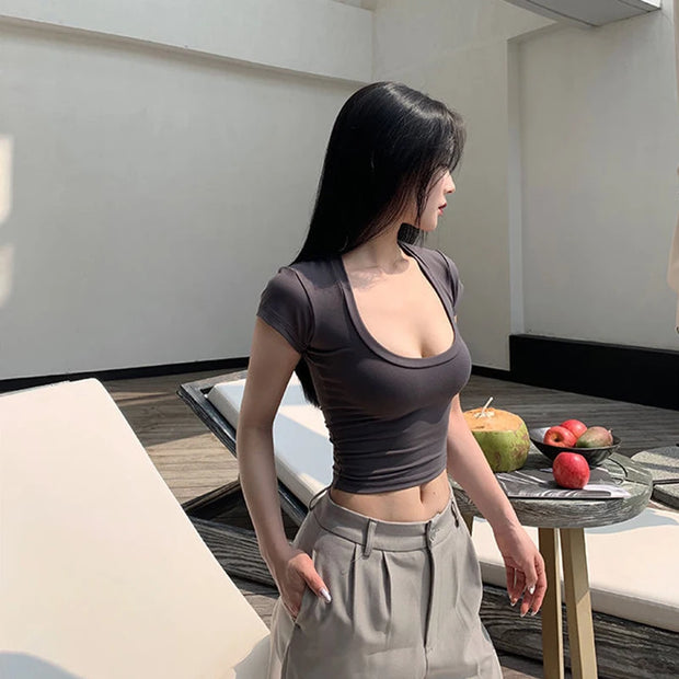2024 Summer Slim T-Shirt Women Sexy Short Sleeve T Shirt U-Neck Gray Tee Female Solid Basic Black/White Korean Crop Tops Hot Y2k