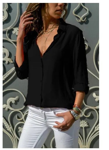 Autumn Shirt Women's Polo Collar Office Lady blouse Vintage Shirt Loose Button Up Down Shirts Fashion Tops