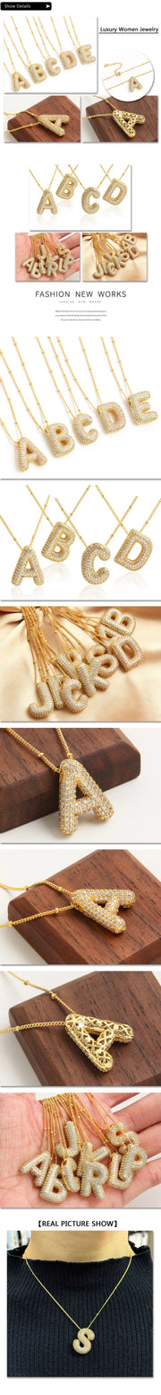 MHS.SUN Gold Plated Balloon 26 Letter Necklaces Copper Zircon Bubble Initial Pendant Chunky Women Personality Chain Jewelry