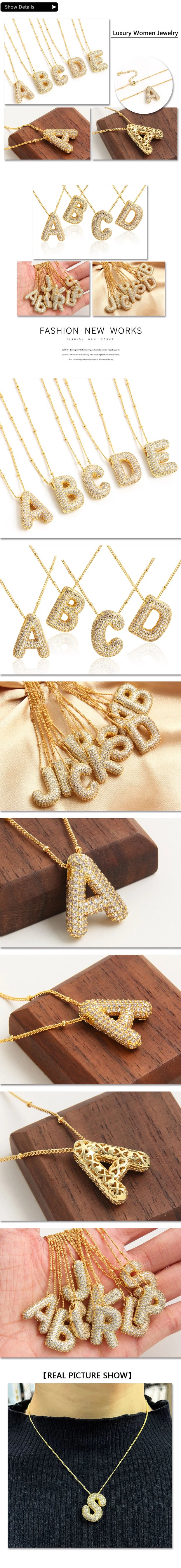 MHS.SUN Gold Plated Balloon 26 Letter Necklaces Copper Zircon Bubble Initial Pendant Chunky Women Personality Chain Jewelry