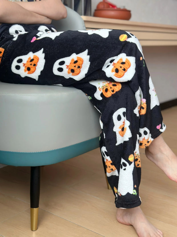 Halloween Hello Kitty Loungewear Pants Cartoon Flannel Pajama Autumn Winter Casual Loose Trousers Ghost Pumpkin Halloween Gift