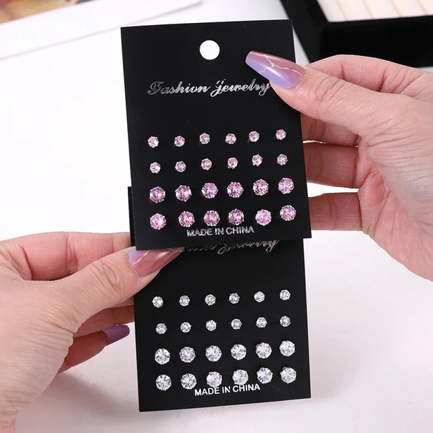 12 Pair/Lot White Shiny Wedding Stud Earrings Set for Women Men Crystal Jewelry Accessories Oorbellen Jewelry Earrings