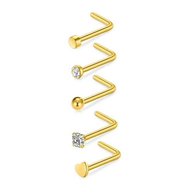 5/6/21Pcs 20G Nose Studs Stainless Steel Nostril Studs Screws Nose Ring Hoop Body Piercing Silver Gold Color Heart Nose Studs