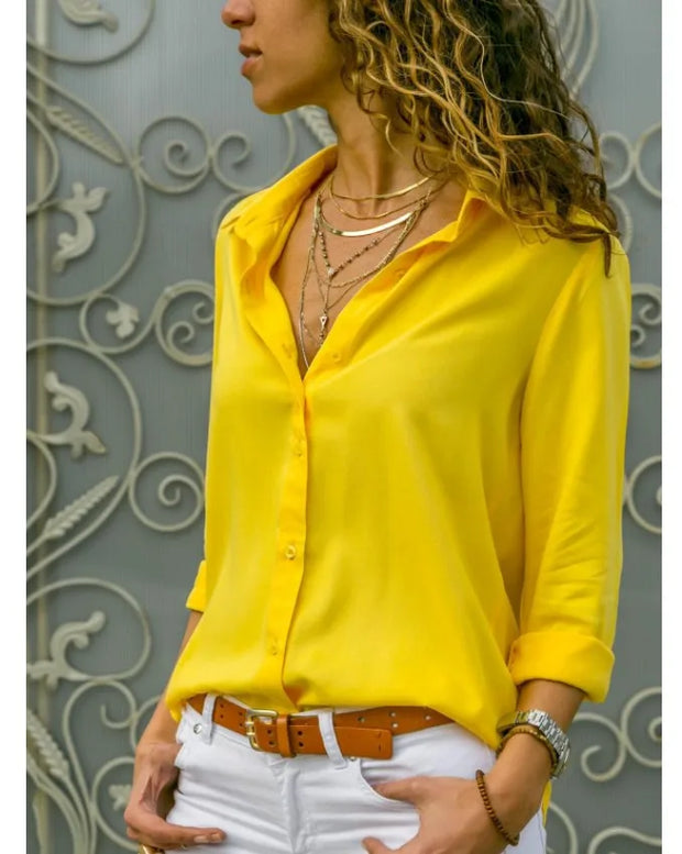 Autumn Shirt Women's Polo Collar Office Lady blouse Vintage Shirt Loose Button Up Down Shirts Fashion Tops