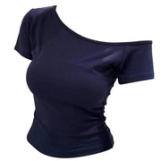 100% Ribbed Cotton Summer Off shoulder Top Women Slim fit Body Summer  Short sleeve T shirt  Female Sexy Basic Tees Korean Chic