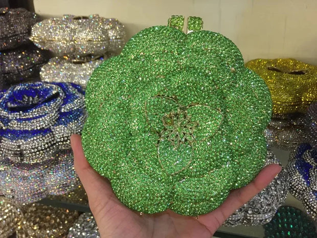 Rose Flower Pink/Green Rhinestones Evening Clutches Women Floral Yellow Crystal Evening Bags Bridal Wedding Party Clutch Purse