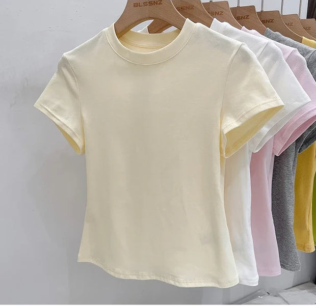 Zjaiss 2025 O-Neck Fashion T-Shirt Summer Sexy Basic Top Solid Short Sleeve Womens Tshirt Casual Korean Tee Streetwear