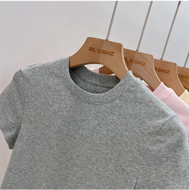 Zjaiss 2025 O-Neck Fashion T-Shirt Summer Sexy Basic Top Solid Short Sleeve Womens Tshirt Casual Korean Tee Streetwear