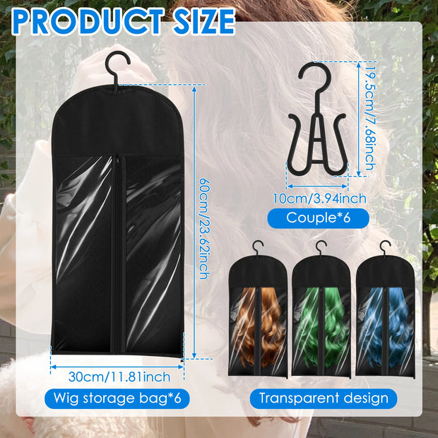 6/12 Pcs Hair Extension Holder Wig Storage PVC Window Dustproof Wig Storage Bags with Hanger Hair Extension Storage Black