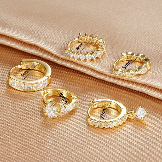 1PC 18K Gold Plated Stainless Steel Round Circle Earrings for Women Teens Cubic Zircon Star Leaf Hoop Earrings Piercing Jewelry