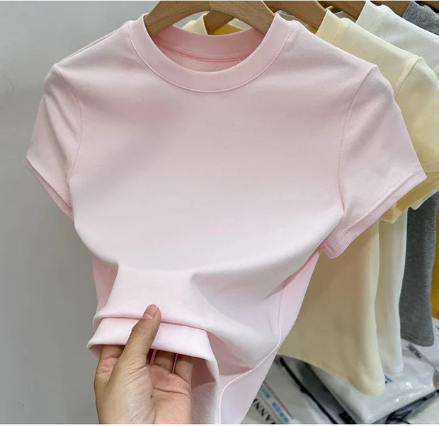 Zjaiss 2025 O-Neck Fashion T-Shirt Summer Sexy Basic Top Solid Short Sleeve Womens Tshirt Casual Korean Tee Streetwear