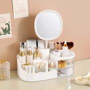 Makeup Storage Box With Mirror Desktop Dressing Table Makeup Mirror Cosmetics Jewelry Storage Box Touch Light Storage Organizer