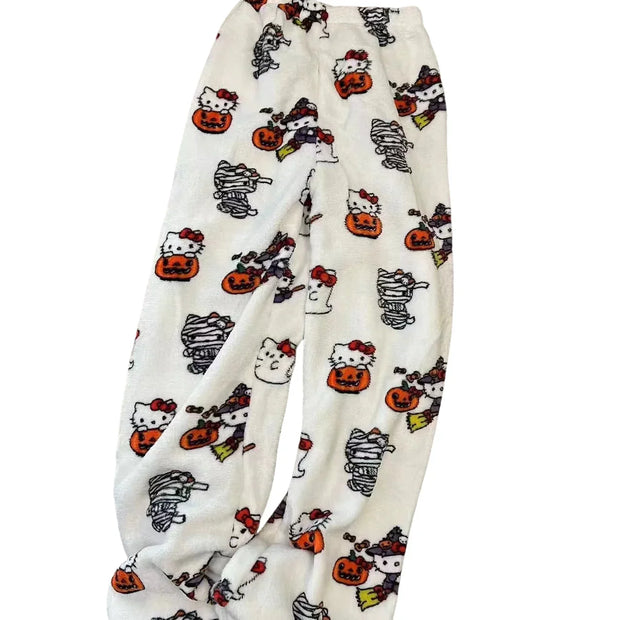 Y2K Christmas Hello Kitty Pajama Pants Anime Flannel Fashion Pants Cute Cartoon Couple Casual Loungewear Women Leisure Trousers