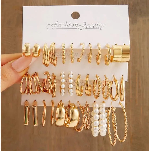 New 24 Pairs Earrings Set for Women Gold Color Bohemia Vintage Pearl Circle Geometric Hoop Earring Trendy Luxury Jewelry Gifts