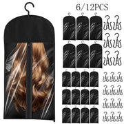 6/12 Pcs Hair Extension Holder Wig Storage PVC Window Dustproof Wig Storage Bags with Hanger Hair Extension Storage Black