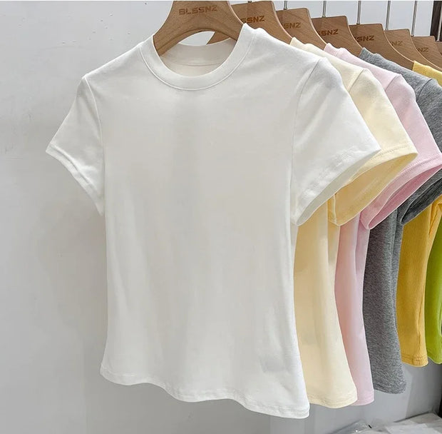 Zjaiss 2025 O-Neck Fashion T-Shirt Summer Sexy Basic Top Solid Short Sleeve Womens Tshirt Casual Korean Tee Streetwear
