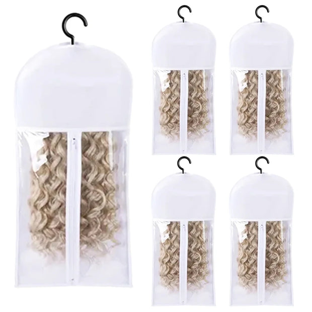 5 Groups Wig Storage Bags with Transparent Dust-Proof Covers and Durable Hangers(5Dust Covers + 5 Hangers)