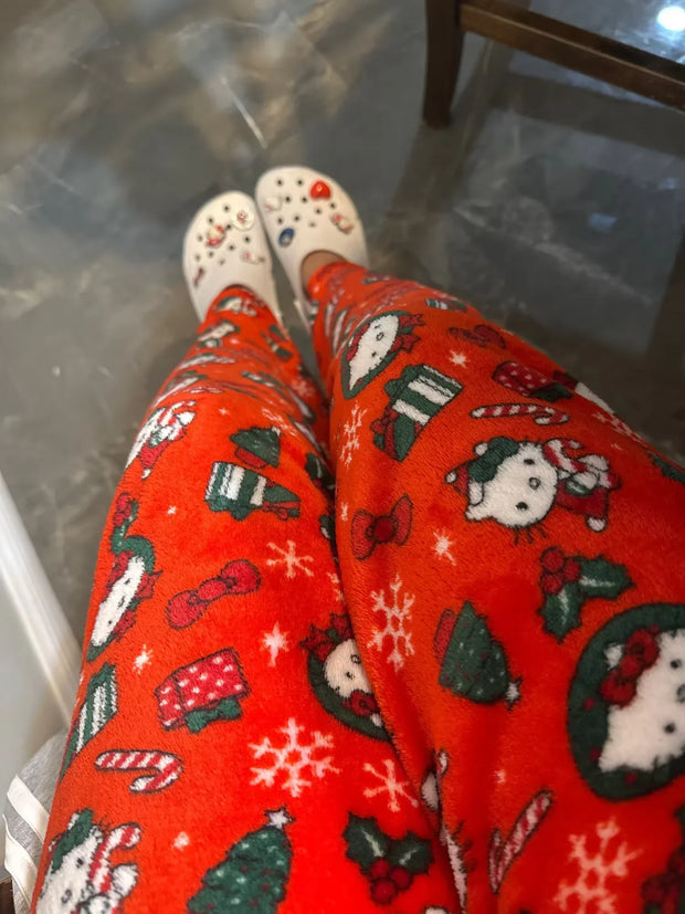 Y2K Christmas Hello Kitty Pajama Pants Anime Flannel Fashion Pants Cute Cartoon Couple Casual Loungewear Women Leisure Trousers