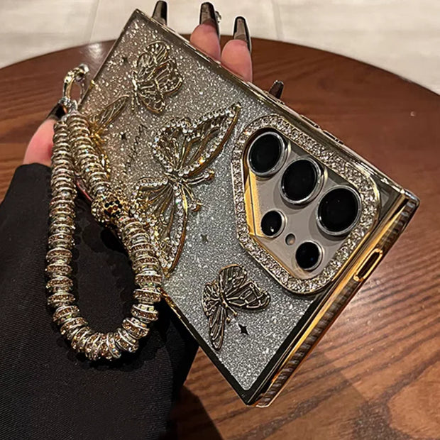 Glitter Butterfly Cases For Samsung S25 Ultra Luxury Hand Lanyard Cover For Galaxy S24Ultra S23 FE Plating Soft Anti-drop Case